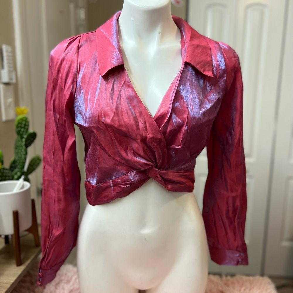 Milk & Honey Red Pink Sheer Crop Top Twist Front Long Sleeve Blouse Size Medium